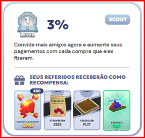 Imagem mostrando recompensas de um sistema de indicação em um jogo online, com destaque para o nível 1 de afiliado, 3% de comissão e itens digitais como sementes e acessórios.