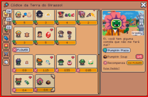 Interface de jogo pixel art mostrando o códice de personagens da Terra do Girassol com recompensas, interações e pedidos de itens.