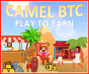 Imagem promocional do jogo Camel BTC com tema egípcio e estilo cartoon, destacando o conceito “Play to Earn”.