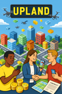 Ilustração colorida do jogo Upland, com cidade 3D, drones, personagens negociando propriedades digitais e moedas UPX.