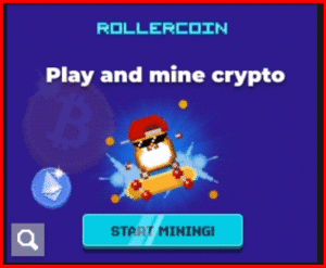 Banner do jogo RollerCoin com personagem pixelado em skate, promovendo mineração de criptomoedas jogando.