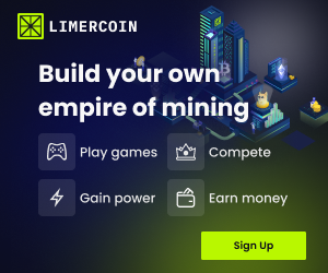 Banner do jogo Limercoin com elementos de mineração virtual, prédios futuristas e chamada para construir seu império jogando.