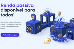 Banner digital com a frase “Renda passiva disponível para todos!” ao lado de uma ilustração de máquina futurista gerando moedas e blocos.