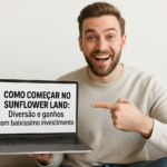 Homem sorridente segura um notebook com a frase “Como começar no Sunflower Land: Diversão e ganhos com baixíssimo investimento”, indicando entusiasmo.