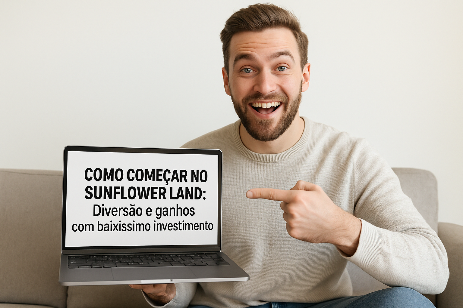 Homem sorridente segura um notebook com a frase “Como começar no Sunflower Land: Diversão e ganhos com baixíssimo investimento”, indicando entusiasmo.