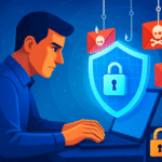Homem usando notebook cercado por ícones de phishing, com escudo de proteção e cadeado, simbolizando como se proteger do phishing.