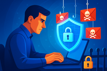 Homem usando notebook cercado por ícones de phishing, com escudo de proteção e cadeado, simbolizando como se proteger do phishing.