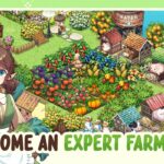 Ilustração colorida de um jogo estilo fazendinha com plantações, animais e uma personagem feminina ao lado da frase “Become an expert farmer!”.