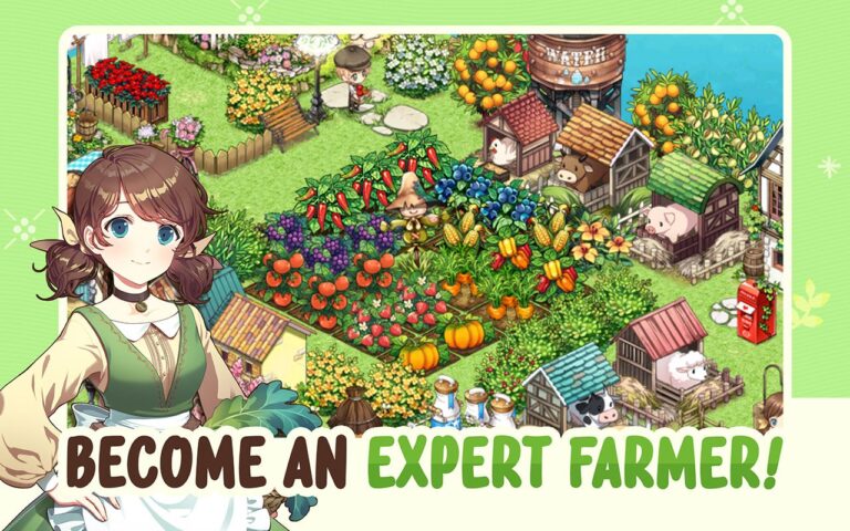 Ilustração colorida de um jogo estilo fazendinha com plantações, animais e uma personagem feminina ao lado da frase “Become an expert farmer!”.