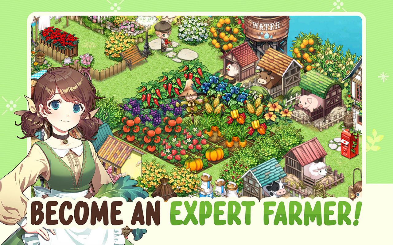 Ilustração colorida de um jogo estilo fazendinha com plantações, animais e uma personagem feminina ao lado da frase “Become an expert farmer!”.