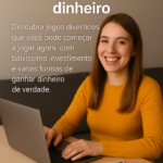 Mulher sorridente usando blusa amarela digita em um notebook, com cédulas de dólar sobre a mesa e texto promocional sobre jogos para ganhar dinheiro.