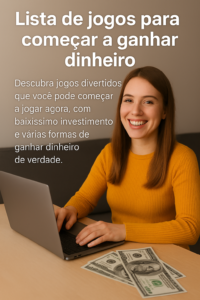 Mulher sorridente usando blusa amarela digita em um notebook, com cédulas de dólar sobre a mesa e texto promocional sobre jogos para ganhar dinheiro.