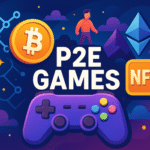 Imagem ilustrativa sobre jogos P2E (Play-to-Earn), destacando ícones de criptomoedas como Bitcoin e Ethereum, NFTs e um controle de videogame em estilo cartoon colorido.