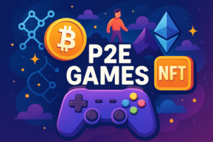 Jogos P2E: Ganhe Criptomoedas e NFTs Jogando Imagem ilustrativa sobre jogos P2E (Play-to-Earn), destacando ícones de criptomoedas como Bitcoin e Ethereum, NFTs e um controle de videogame em estilo cartoon colorido.